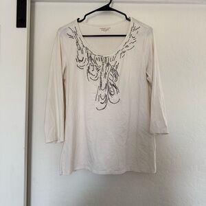 Coldwater Creek Women’s White Long Sleeve Top Beaded Embellished Boho Indie Y2k